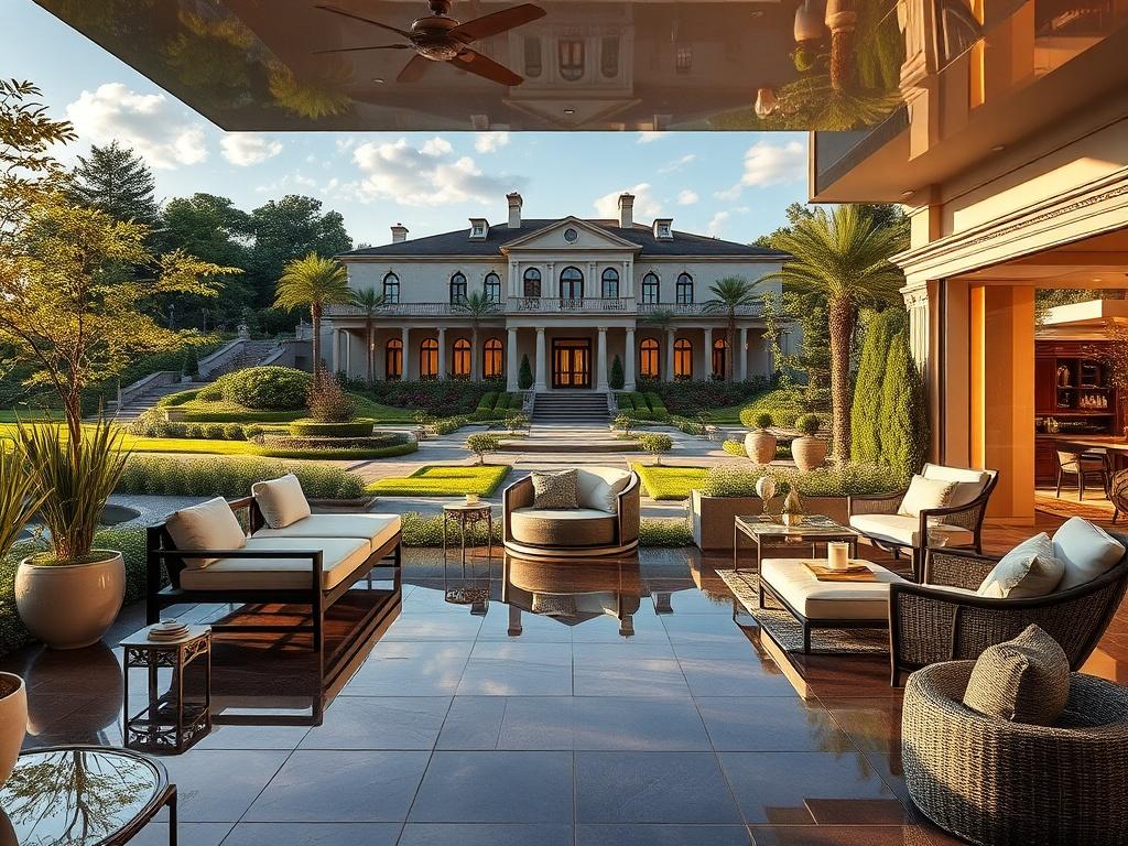 An exquisite landscape construction scene showcasing a luxurious outdoor living area with intricate pathways, lush gardens, and elegant outdoor furniture. The background should feature a grand estate, with hyper-glossy surfaces reflecting the beauty of the landscape. The image should embody the essence of high-end luxury, with luminous highlights enhancing the details.
