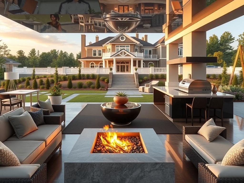 A custom outdoor living space featuring a stylish lounge area, an elegant outdoor kitchen, and a cozy fire pit. The luxurious design should harmoniously blend with the surrounding landscape, showcasing manicured gardens and a grand property in the background. Hyper-glossy surfaces and luminous highlights should enhance the overall opulence of the scene.