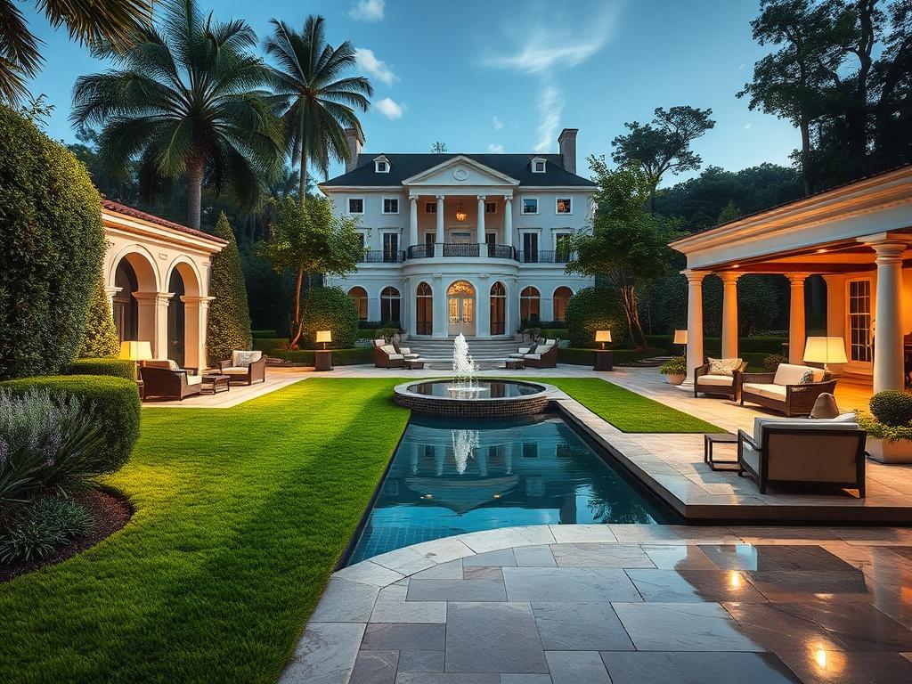 A luxurious garden design featuring manicured lawns, elegant water features, and high-end seating areas, with a backdrop of a grand mansion. The composition should showcase the lush greenery and intricate landscaping, highlighting the bespoke nature of the design. The image should have hyper-glossy, mirror-like reflections and luminous highlights, creating a rich and immersive visual experience.