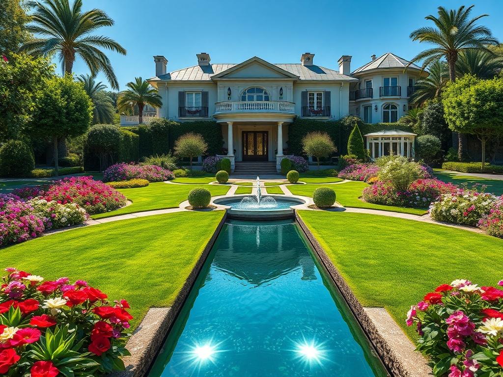 A luxurious garden design showcasing a beautifully manicured lawn with