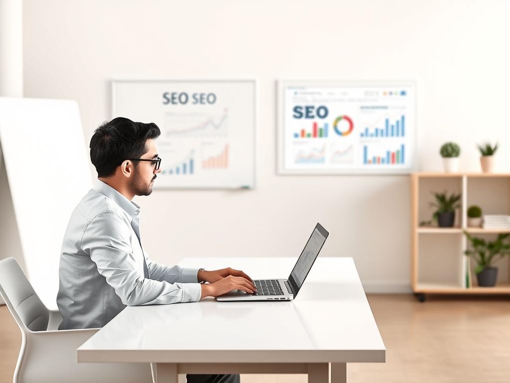 A professional SEO consultant sitting at a sleek desk, analyzing website analytics on a laptop. The background features a minimalist office space with clean lines, soft colors, and a whiteboard with SEO strategies. The focus is on the consultant engaged in work, with charts and graphs displayed on the screen.