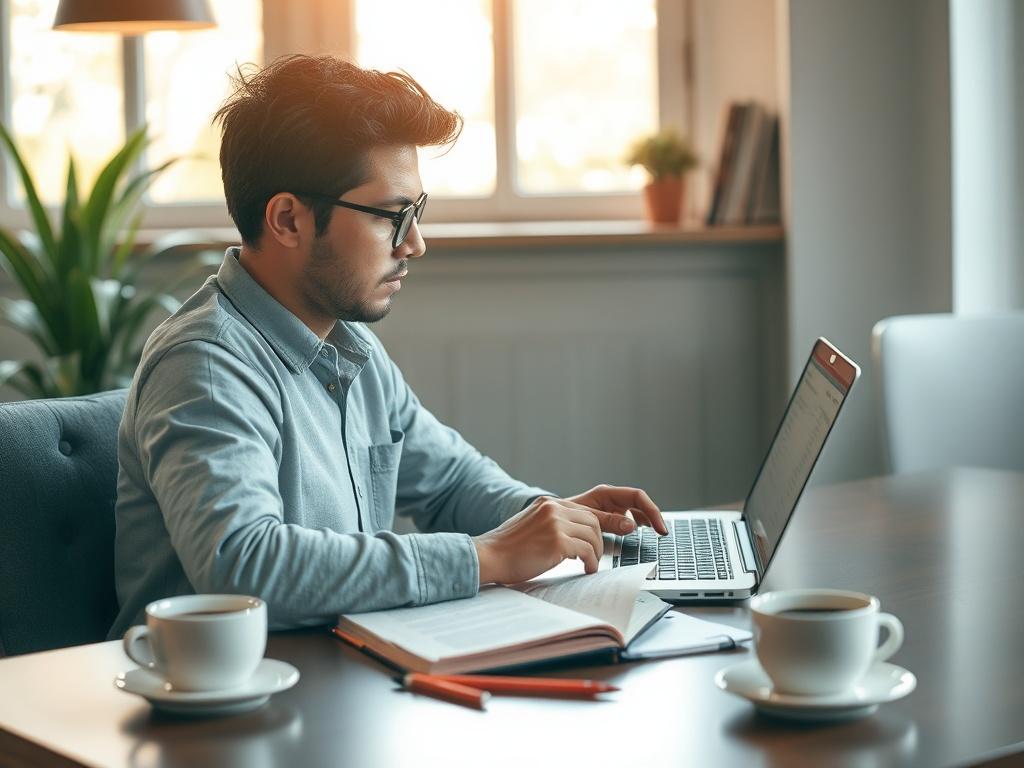 A creative content writer working on a laptop at a cozy café, surrounded by notebooks and coffee. The scene is bright and inviting, with natural light pouring in through a window. The focus is on the writer deep in thought, with a notepad filled with ideas and a laptop displaying content drafts.