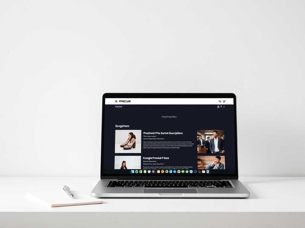 A clean and minimalistic workspace featuring a laptop with an open eCommerce website displaying product descriptions. The background should be a simple, neutral color, with a focus on the laptop screen and a notepad beside it. The image should reflect a professional and inviting atmosphere, emphasizing the importance of engaging product content in online sales.