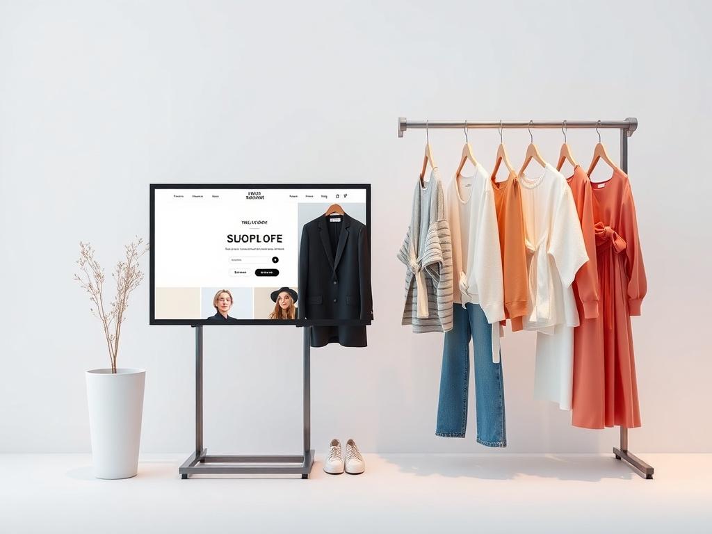 A high-resolution photo of an online fashion store display, featuring stylish clothing items on hangers and a digital screen showing the website. The background should be minimalistic with soft colors, emphasizing the products.
