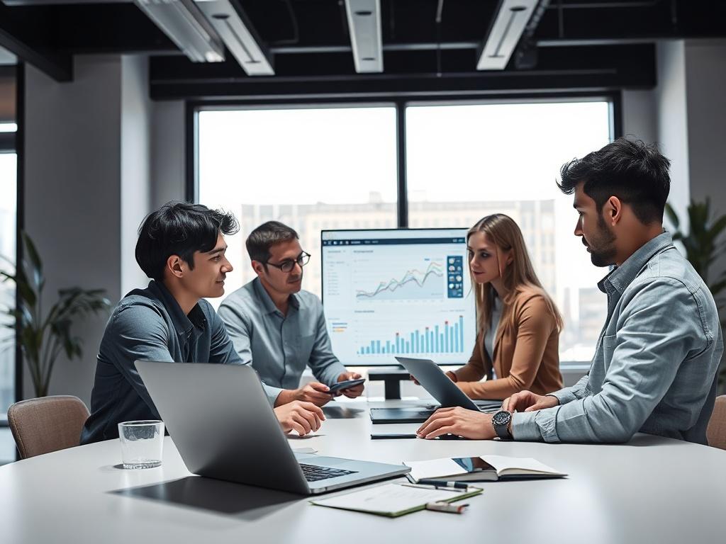 A high-resolution photo of a tech startup office environment with team members discussing website analytics on a laptop. The setting should be modern and sleek, with a focus on technology.