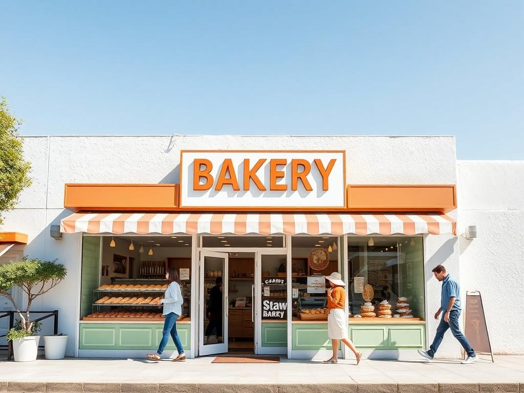 A bright and inviting bakery storefront, showcasing fresh pastries and bread. The scene is set in a sunny outdoor environment with a clear blue sky. The bakery sign is prominently displayed, and customers are happily entering and exiting the shop. The composition focuses on the bakery, with minimal distractions in the background, emphasizing the vibrant colors and inviting atmosphere.