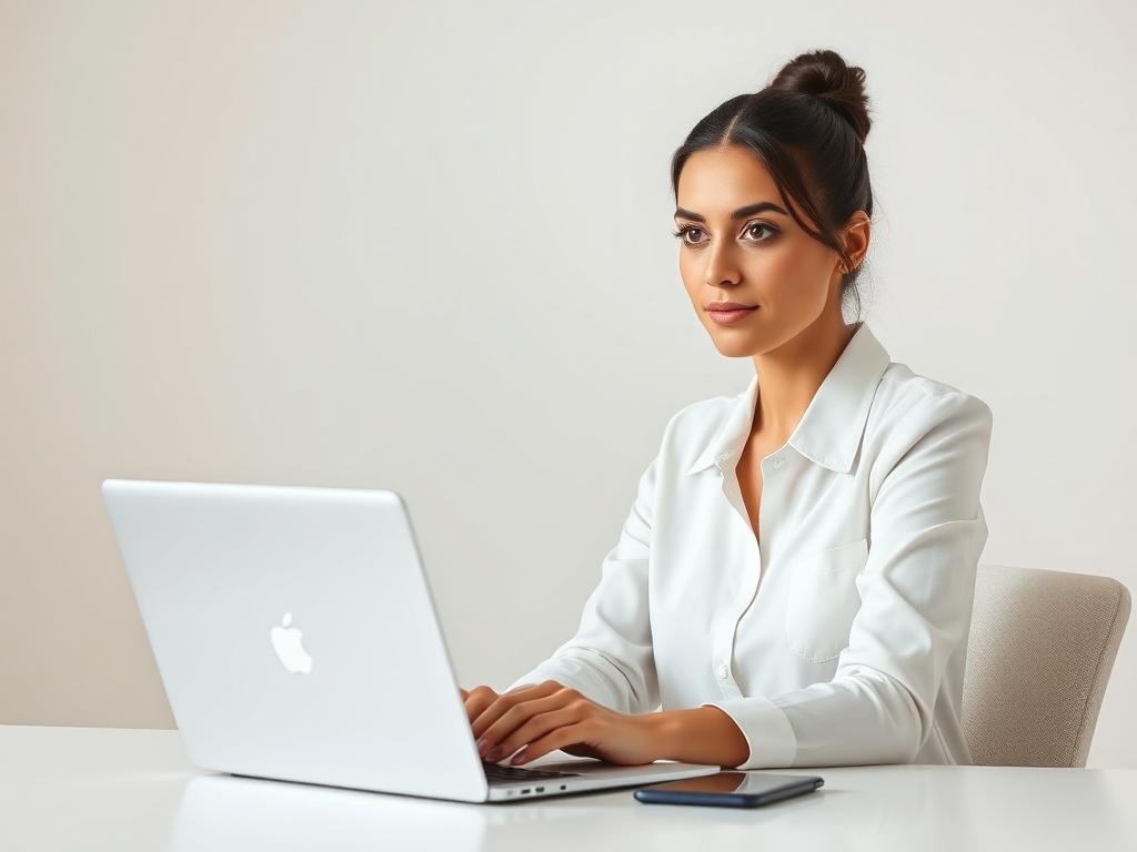 A professional portrait of a woman sitting at a desk, focused on her work, with a laptop open in front of her. The background is minimalistic with soft colors, emphasizing a clean and organized workspace. The lighting is bright and inviting, highlighting her expertise in SEO and content writing. The overall composition conveys professionalism and confidence.