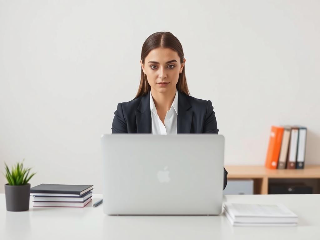A professional portrait of a focused female SEO specialist in a minimalistic office environment. She is sitting at a modern desk with a laptop, surrounded by books and notes. The background is simple and clean, emphasizing her concentration and expertise in digital marketing. Soft, natural lighting enhances the calm and productive atmosphere.