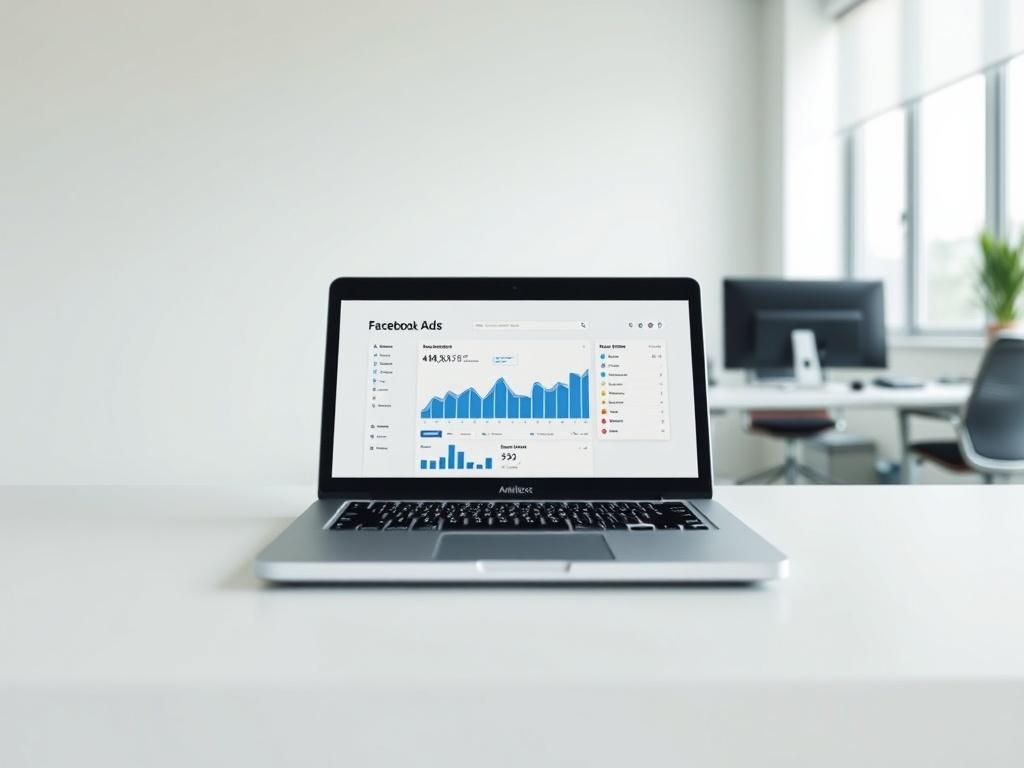 A clean and minimalistic image focusing on a professional workspace with a laptop displaying Facebook Ads analytics on the screen. The background is a modern office setting with neutral colors and simple design elements, emphasizing productivity and digital marketing.