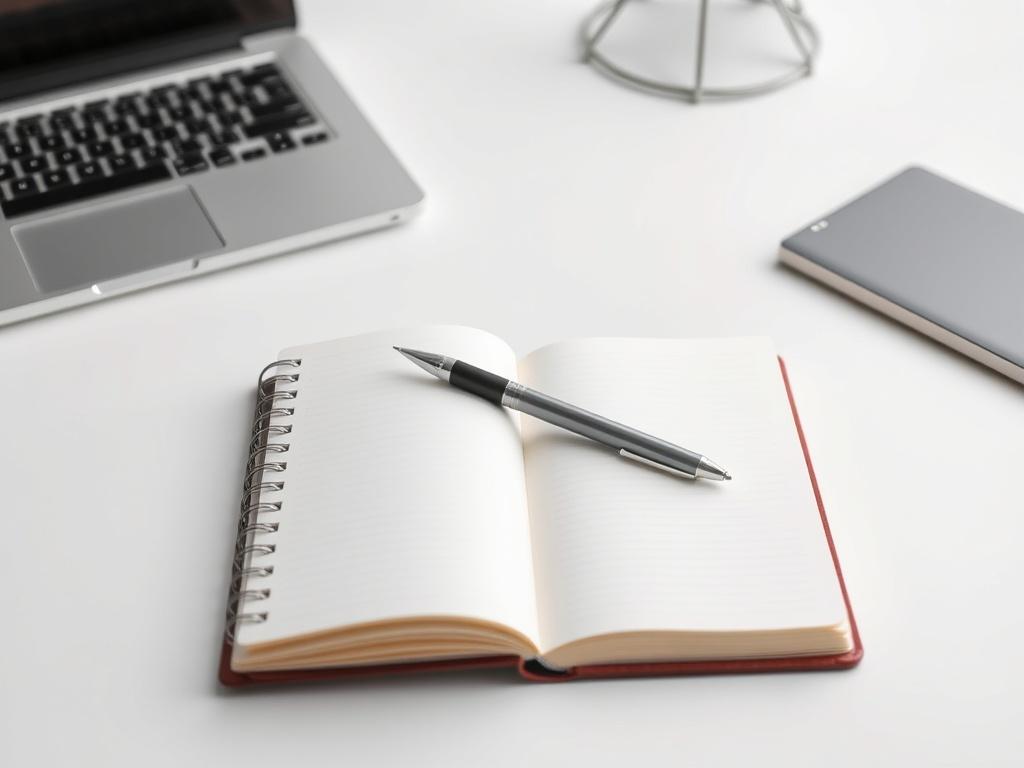 An open notebook with a pen and a laptop on a clean desk, symbolizing content creation. The background should be minimalistic with a focus on the notebook and laptop, conveying the essence of writing and creativity.
