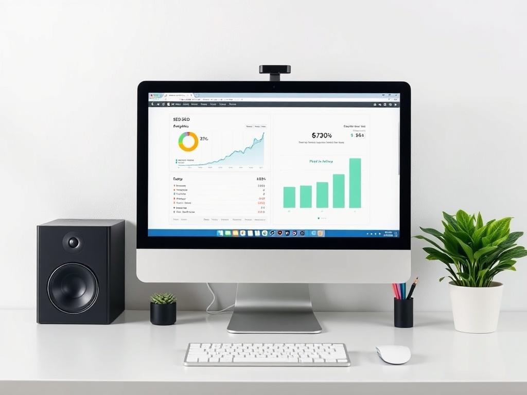 A clean and minimalistic workspace showing a computer screen displaying SEO analytics. The background features soft colors with a focus on the computer and an SEO report. The composition is simple, highlighting the importance of SEO in digital marketing.