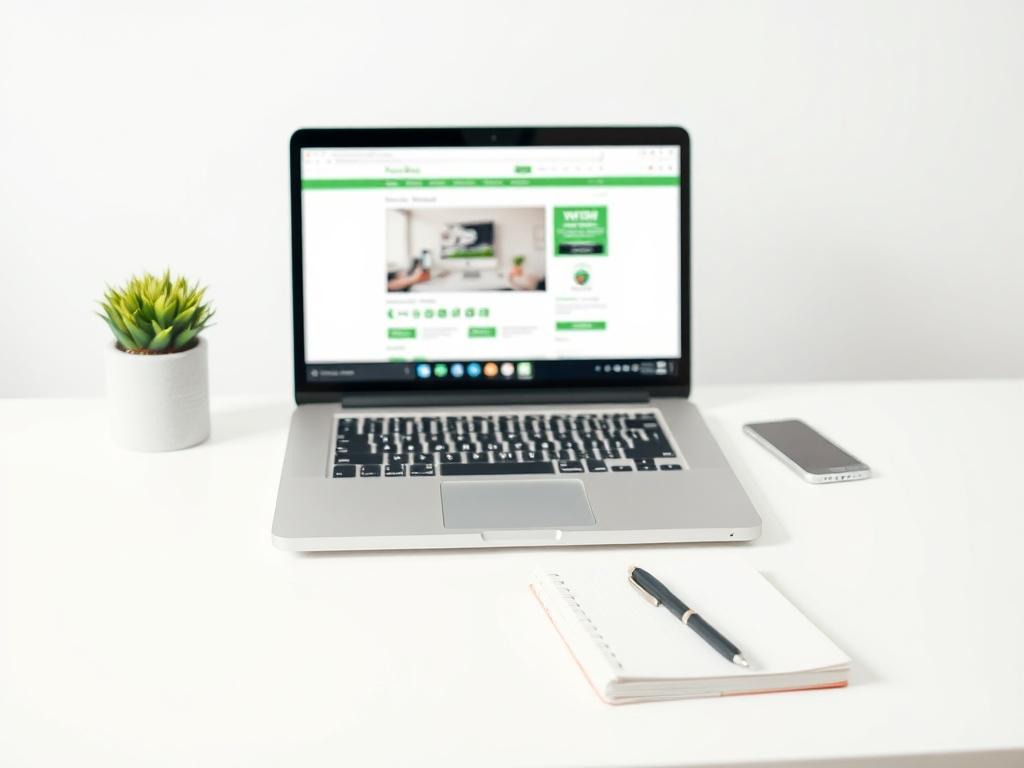 A minimalist workspace featuring a clean desk with a laptop open to a website editing interface. The background is softly blurred, emphasizing the laptop and a notepad with a pen nearby. The color palette is simple, using shades of white and light gray with a hint of green to align with the primary color rgb(50, 170, 39). The composition is focused on the laptop and notepad, creating a professional and inviting atmosphere.
