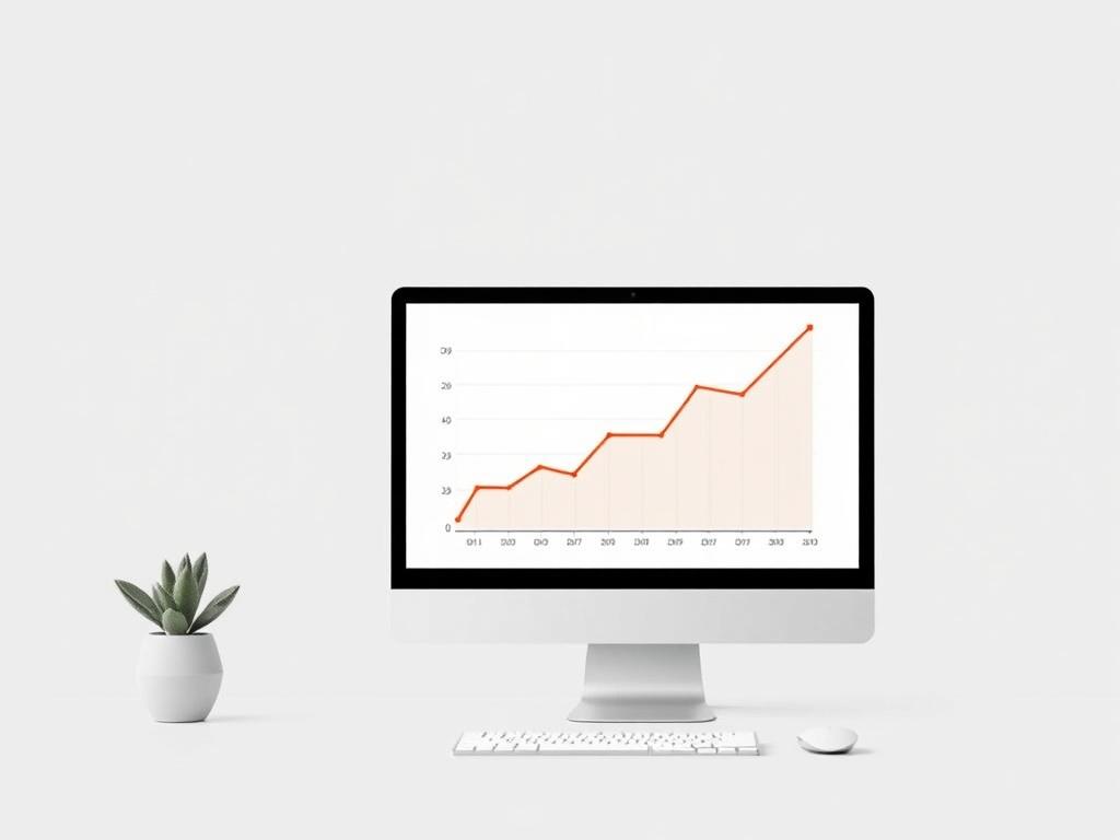 A high-resolution image of a computer screen displaying a graph with increasing website traffic. The background should be simple and minimalistic, with a focus on the screen and graph, incorporating elements of SEO such as keywords or analytics.