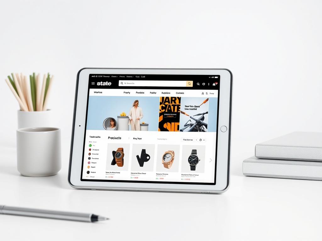 A high-resolution image of a well-designed e-commerce website on a tablet. The focus should be on the product listings and engaging content, set against a clean and minimalistic workspace.