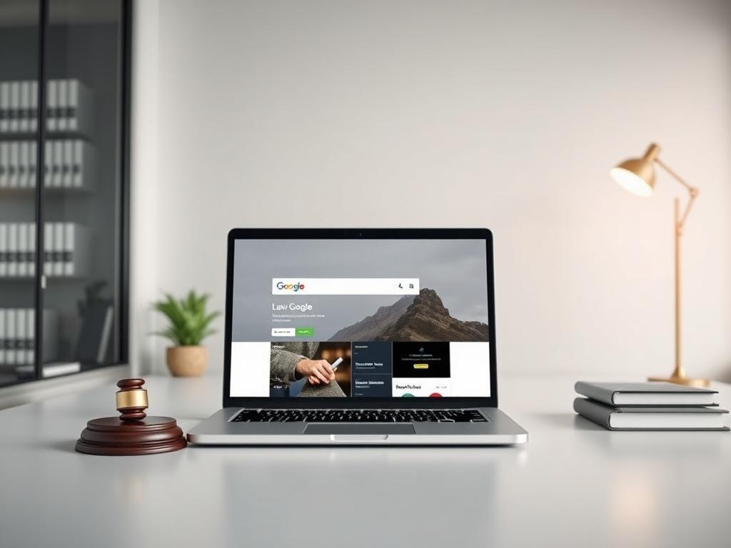 A high-resolution image of a law office with a focus on a laptop displaying a website ranking on Google's first page. The background should be simple and professional, emphasizing the law firm's branding.