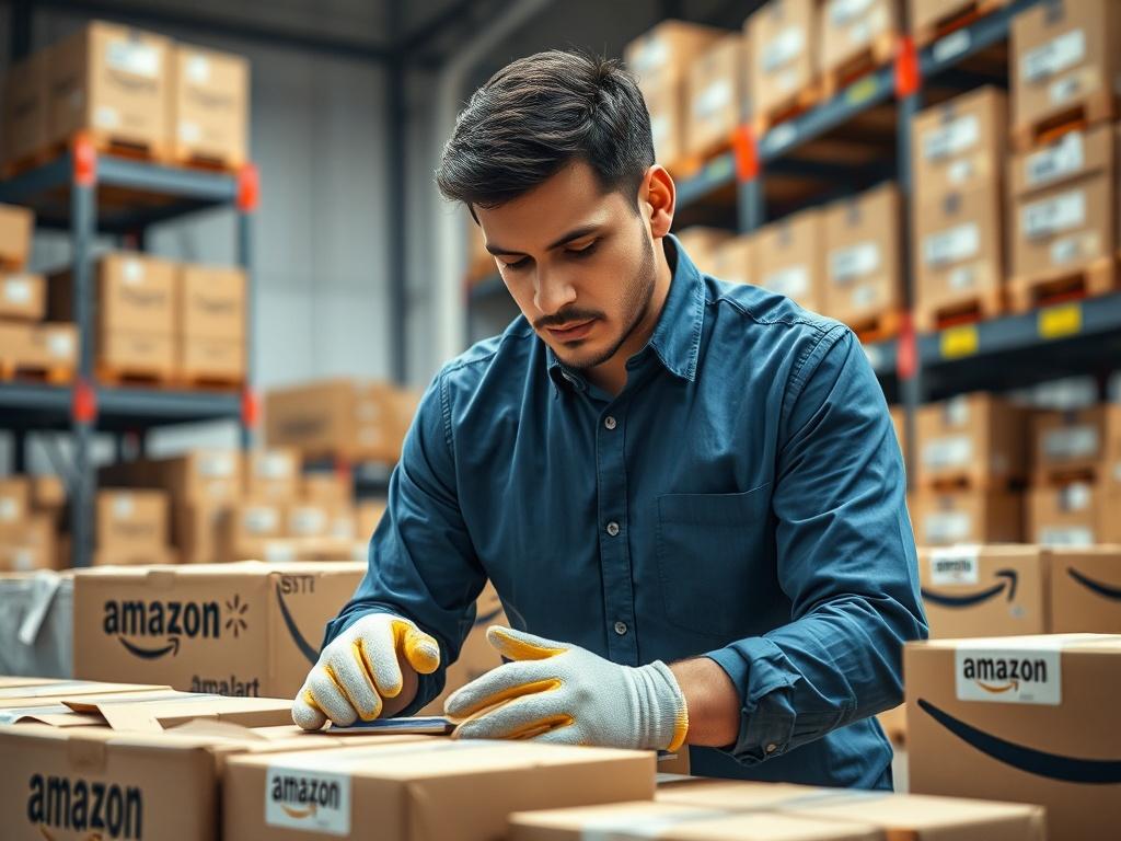 **AI Image Generation Prompt:**

Create a realistic high-resolution photo that captures the essence of logistics preparation services, specifically focusing on Amazon and Walmart fulfillment for Latin America (LATAM). The image should feature a single subject: a professional logistics manager, a Hispanic male in his early 30s, intently inspecting products on a table, surrounded by boxes and packing materials. He is wearing a blue button-up shirt and safety gloves, conveying a sense of diligence and expertis