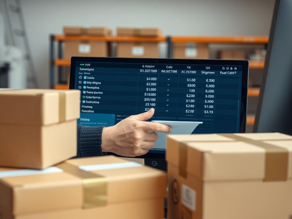 A close-up of a logistics professional comparing shipping costs on a computer screen, with shipping boxes and packing materials in the foreground. The scene conveys the analysis of shipping data to find cost-effective solutions.