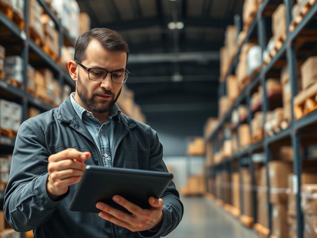 A high-resolution image showing a logistics manager reviewing inventory data on a tablet in a modern warehouse setting. The background should display organized shelves with products, highlighting the efficient management of inventory.