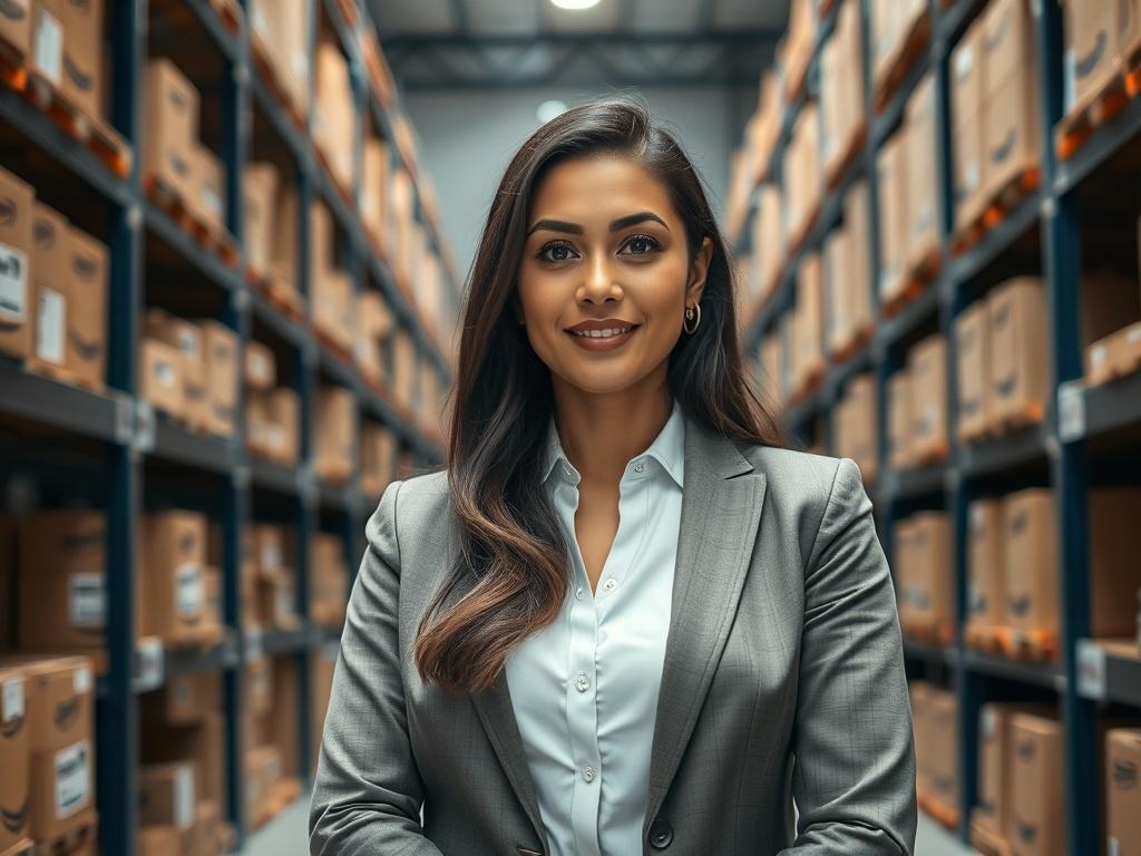 **AI Image Generation Prompt:**

Create a realistic high-resolution photograph that encapsulates the theme of e-commerce logistics, specifically showcasing the connection between Latin America and Amazon USA. The composition should be simple and clear, featuring a single subject: a confident Latin American businesswoman in professional attire, standing in a warehouse setting, representing the LATAM Fulfillment Hub in Miami. 

The background should depict shelves filled with neatly organized boxes labeled wi