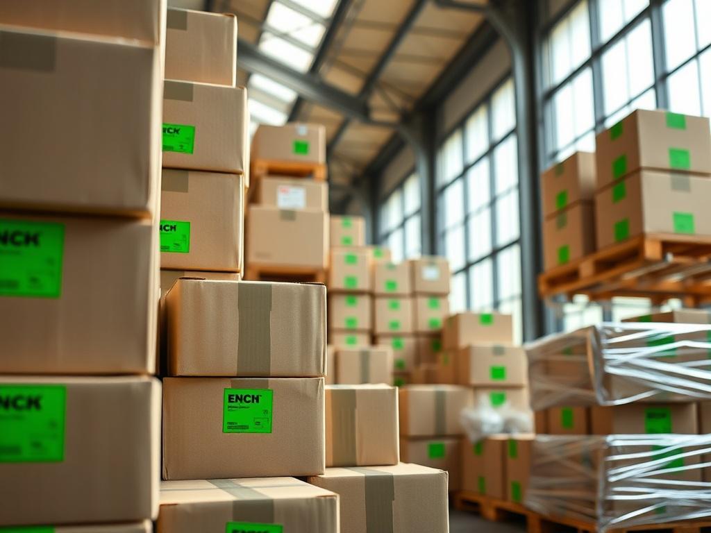 A hyper-realistic close-up shot of a modern warehouse interior showcasing organized package storage. The focus should be on neatly stacked boxes with a vibrant green color accent (rgb(50, 170, 39)) visible on some packaging. The background should be slightly blurred to emphasize the packages, and natural light should filter through large windows, creating a bright and inviting atmosphere. The image should convey efficiency and professionalism in logistics.