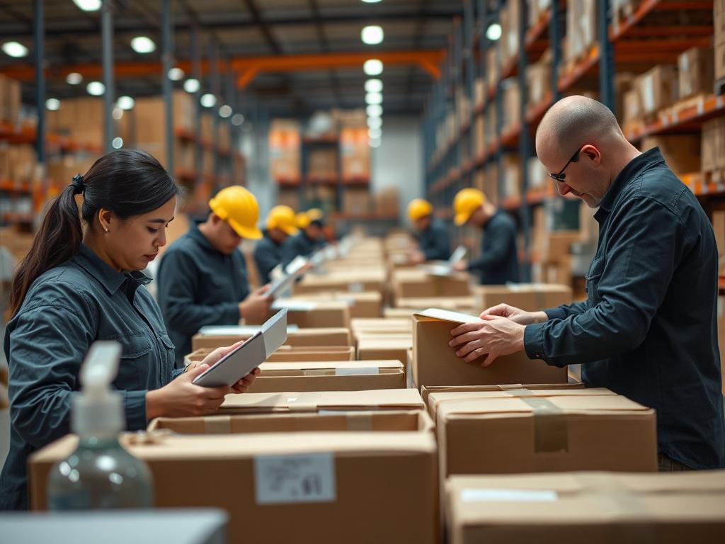 A close-up shot of a fulfillment team packing orders in a busy warehouse. The image should capture the energy and efficiency of the operation, with boxes and packing materials in focus. The background should be slightly blurred to emphasize the workers in action.