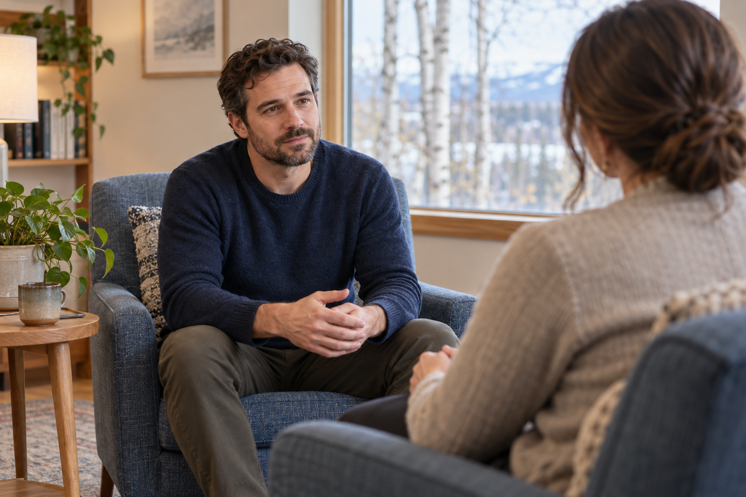 Illustrative photo of an adult man speaking with a therapist in a comfortable counseling office.