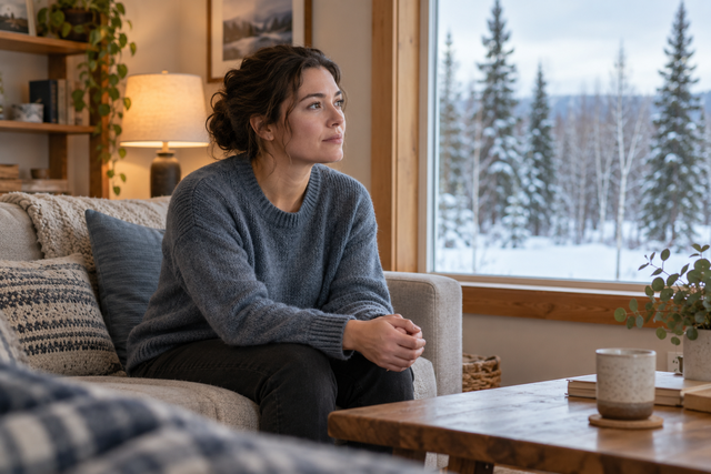Illustrative photo of an adult sitting thoughtfully beside a window overlooking snowy trees.