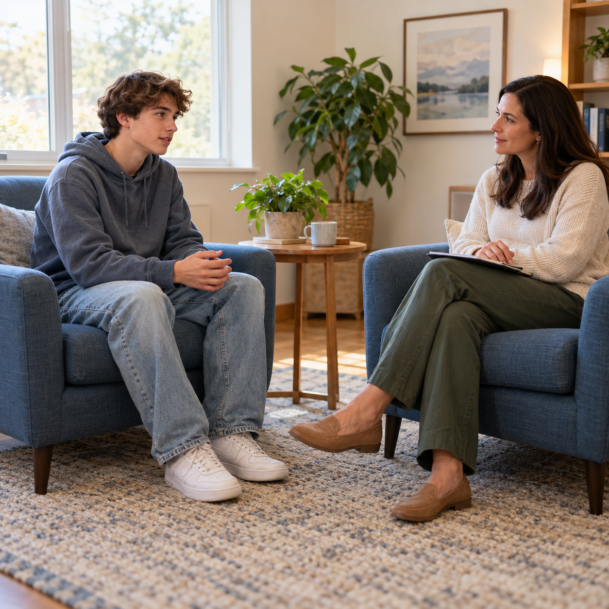 Teen and adult therapist talking while seated in blue armchairs in a welcoming counseling room