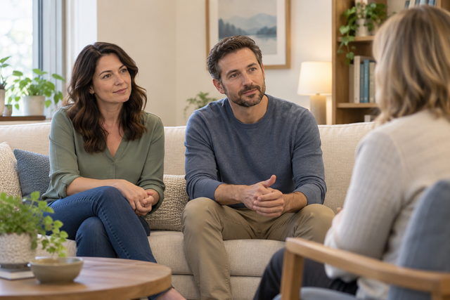 Illustrative photo of two adult partners speaking with a therapist in a counseling office.