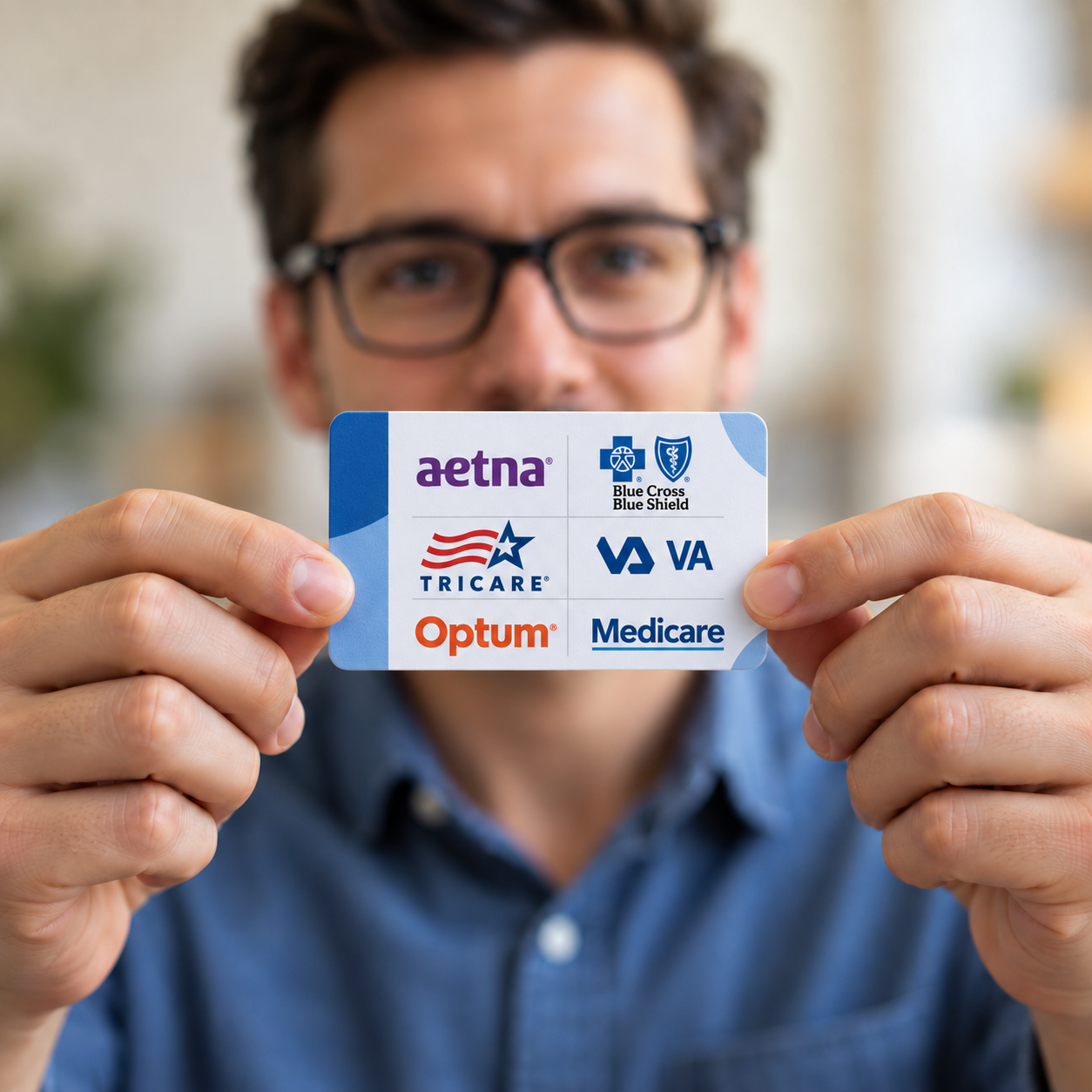 Man holding a card displaying Aetna, Blue Cross Blue Shield, TRICARE, VA, Optum, and Medicare.