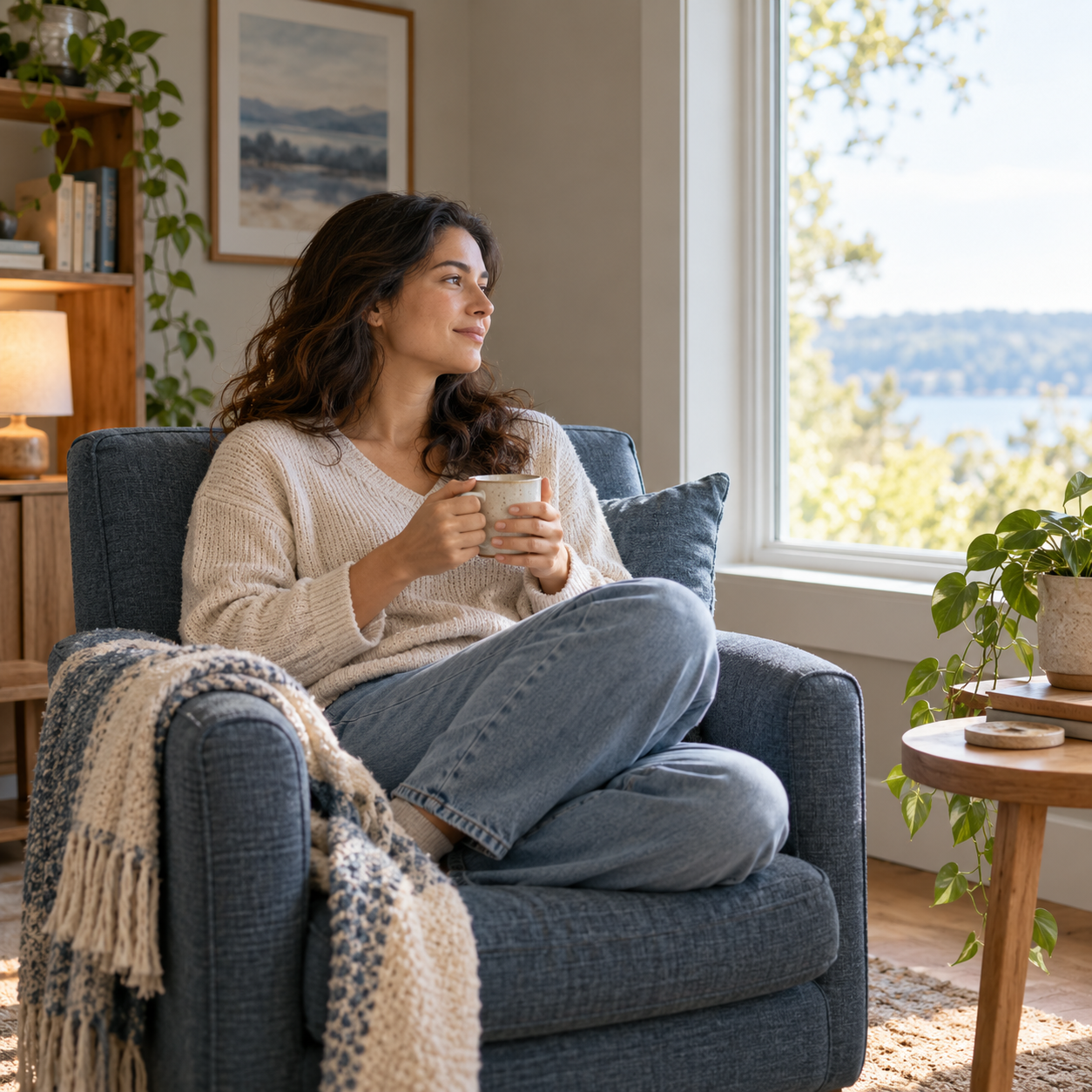 chatgpt image oct 2, 2026, 06_17_10 pm.pngWoman holding a mug while seated in a blue armchair beside a sunlit window