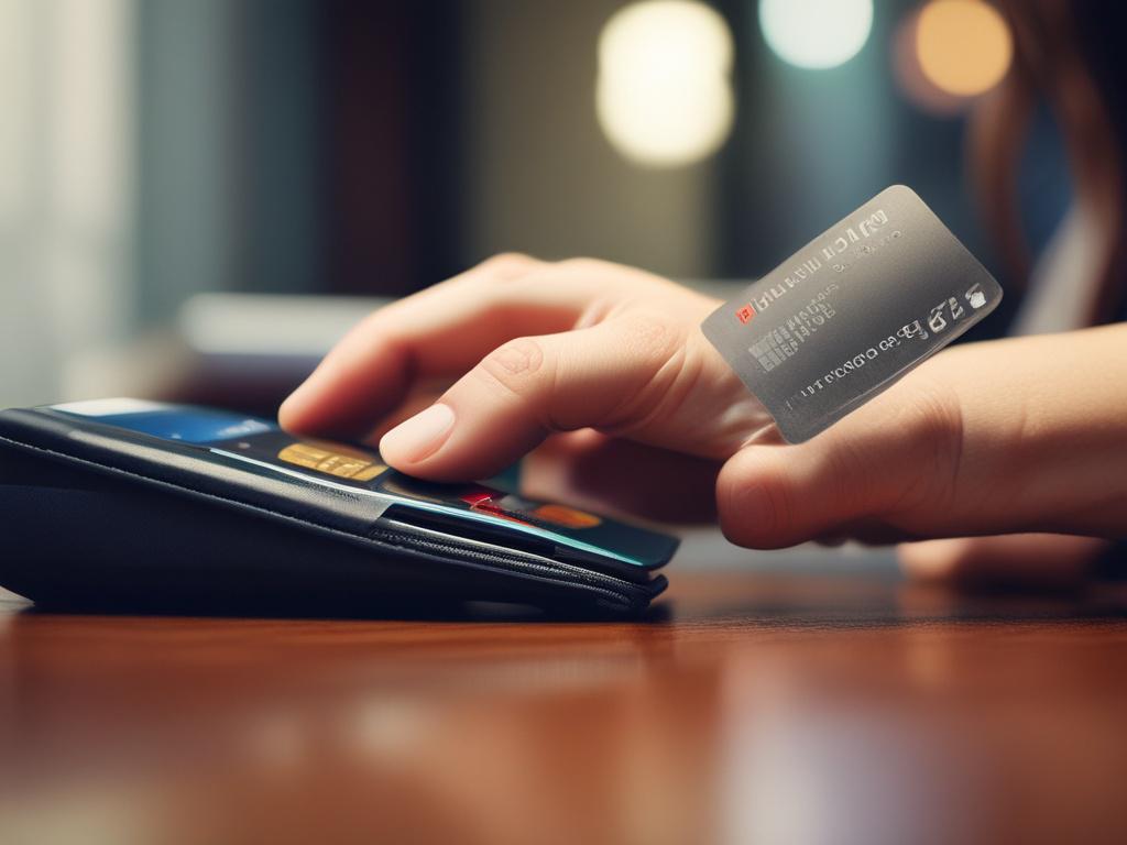 A close-up shot of a hand holding a credit card, with a soft focus background featuring a warm, inviting indoor setting. The image should convey a sense of ease and comfort, highlighting the act of making a payment. The colors should complement a #EFEFEF primary color scheme, providing a calming and reassuring atmosphere.