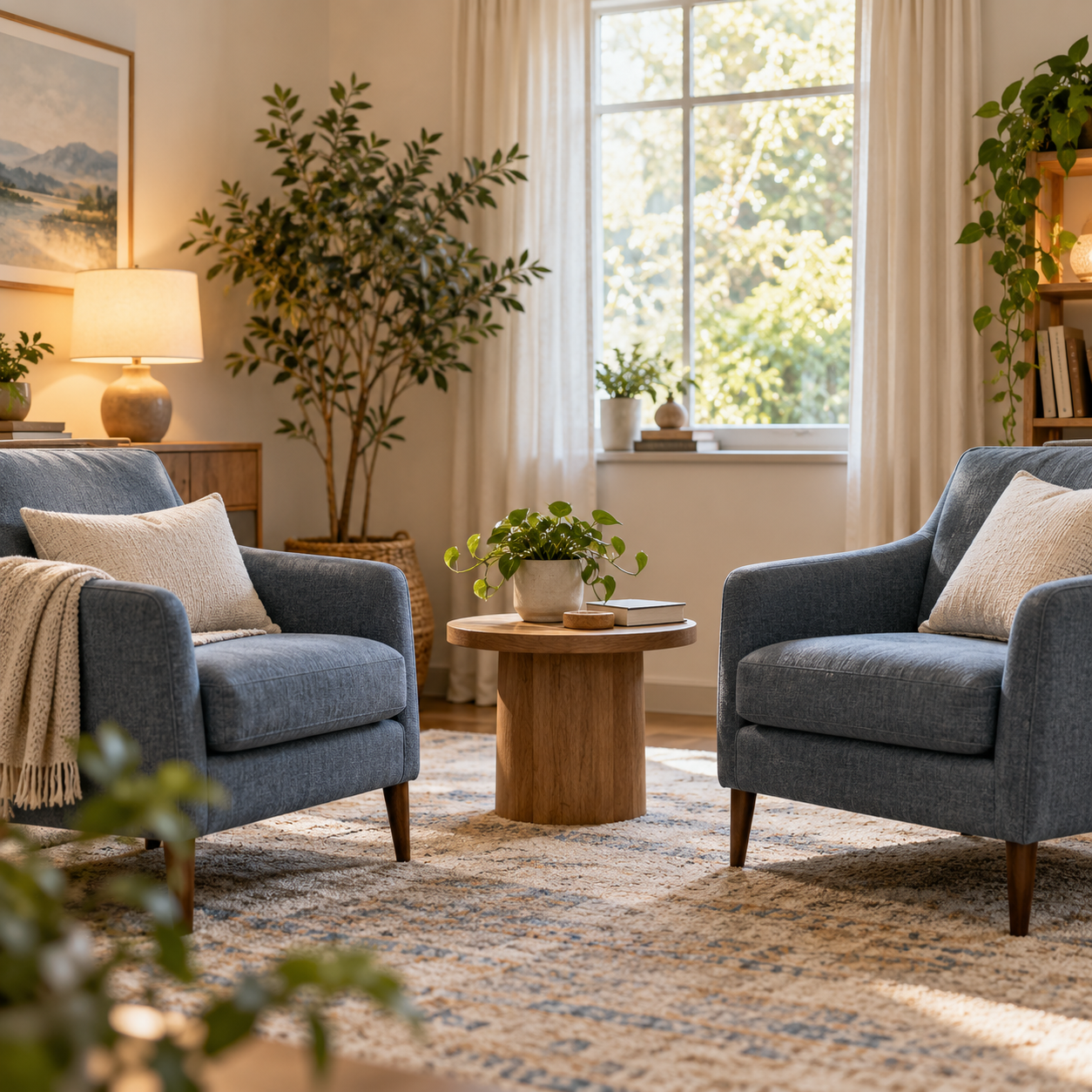 trauma and ptsd therapy.pngTwo blue armchairs in a welcoming room with natural light