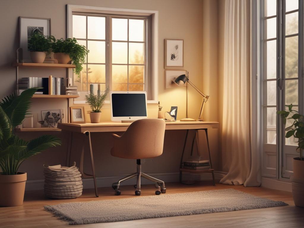 A serene and inviting scene depicting a cozy workspace with