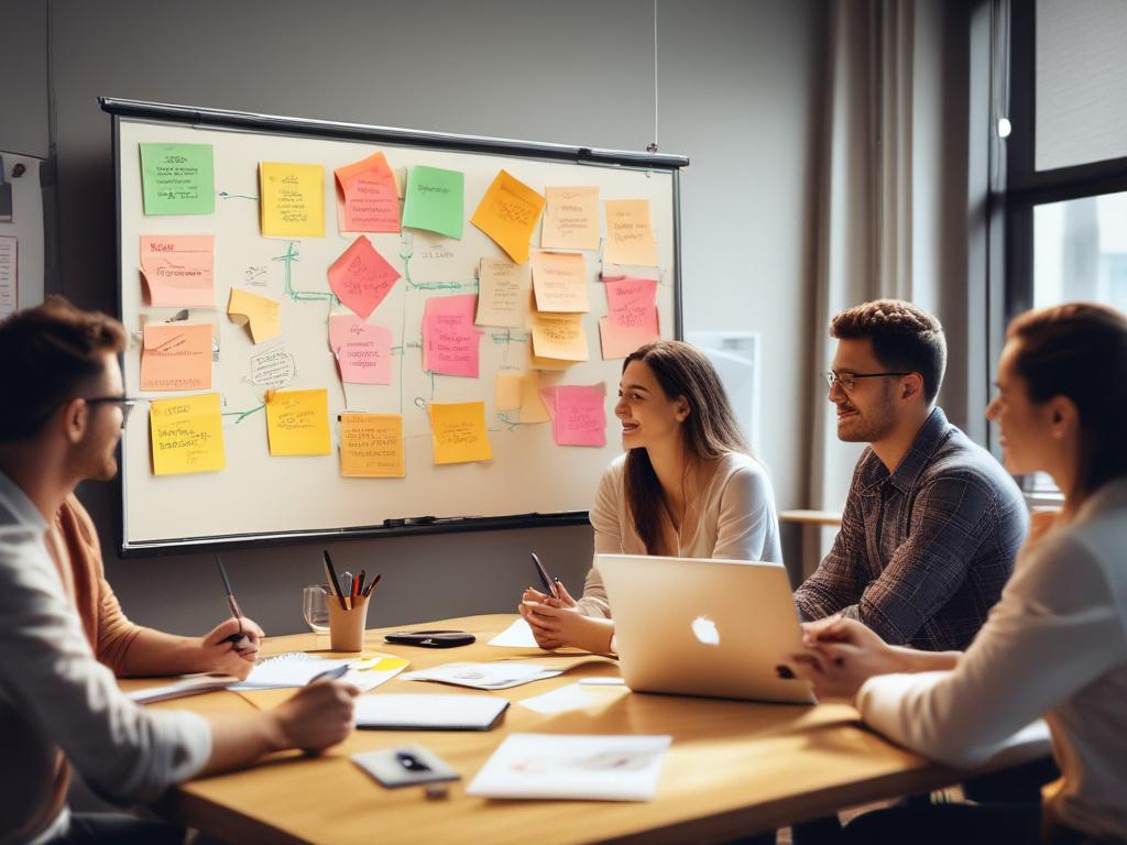 A vibrant marketing strategy meeting in progress, with team members
