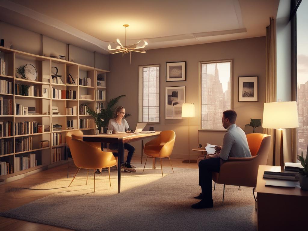 A serene office space with a professional consultant discussing strategies