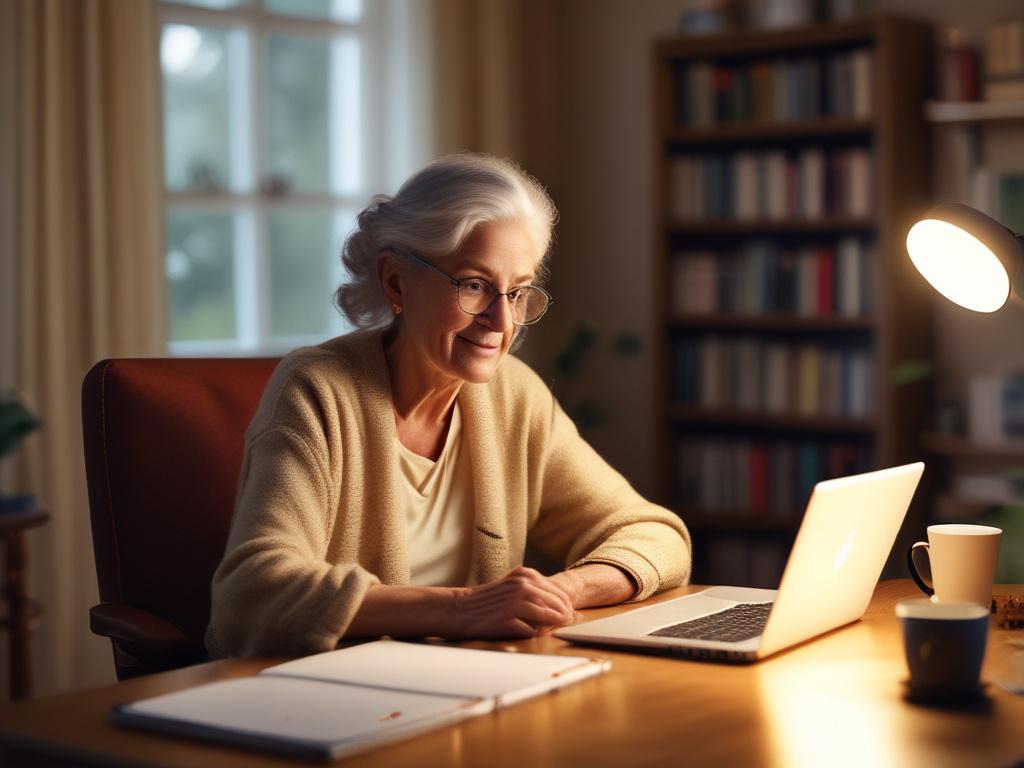 Create a high-resolution, realistic photo featuring a thoughtful elderly person (preferably a woman) in a cozy, softly lit home office setting. The subject should be seated at a desk, appearing engaged and contemplative as she reviews financial documents or a digital investment platform on a laptop. Surround her with elements that suggest a serene atmosphere, such as a warm cup of tea, a comfortable chair, and gently lit lamps that create a welcoming glow.

In the background, include shelves filled with boo