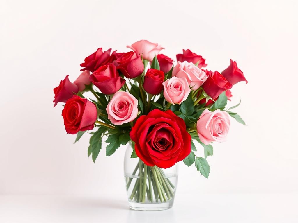 A high-resolution image of an elegant rose bouquet displayed in a sleek, modern vase against a simple, clean background. The arrangement features a mix of vibrant roses in varying shades of red and pink, showcasing their lush petals and greenery. The composition should emphasize the beauty of the flowers with minimalist styling, allowing the bouquet to be the focal point.