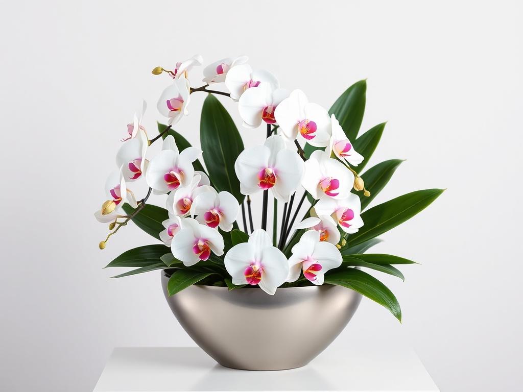 A high-resolution image of a luxury orchid arrangement in a sleek, modern pot, featuring white and pink orchids surrounded by lush green leaves. The composition should showcase the elegance of the orchids with a clean, minimalistic background that highlights their beauty and sophistication.