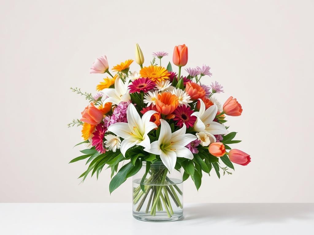 A high-resolution image of a chic mixed flower bouquet arranged in a stylish vase, featuring an assortment of colorful blooms like lilies, daisies, and tulips. The flowers should be artfully arranged with lush greenery, all set against a soft, neutral background to highlight their vibrant colors without distraction.