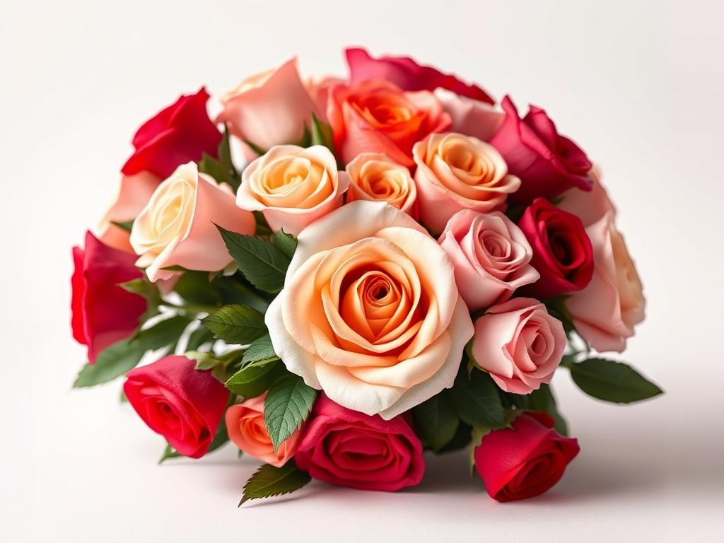 A realistic high-resolution photo depicting an elegant bouquet of vibrant roses in various colors. The bouquet should be arranged in a stylish manner, showcasing the freshness of the flowers. The background should be minimalistic and soft, with clean lines and simple colors, focusing on the bouquet as the central subject.