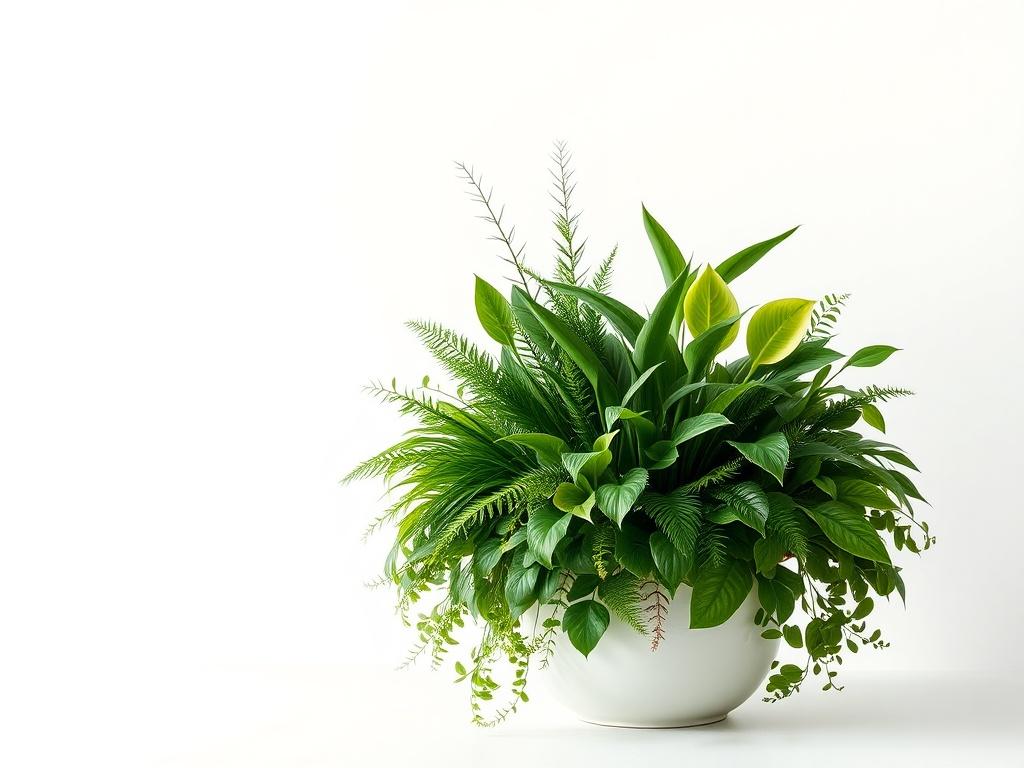 A realistic high-resolution photo of a lush green plant arrangement featuring various types of live plants. The arrangement should be beautifully arranged in a clean, modern pot. The background should be minimalistic, featuring soft colors and clean lines to emphasize the greenery.