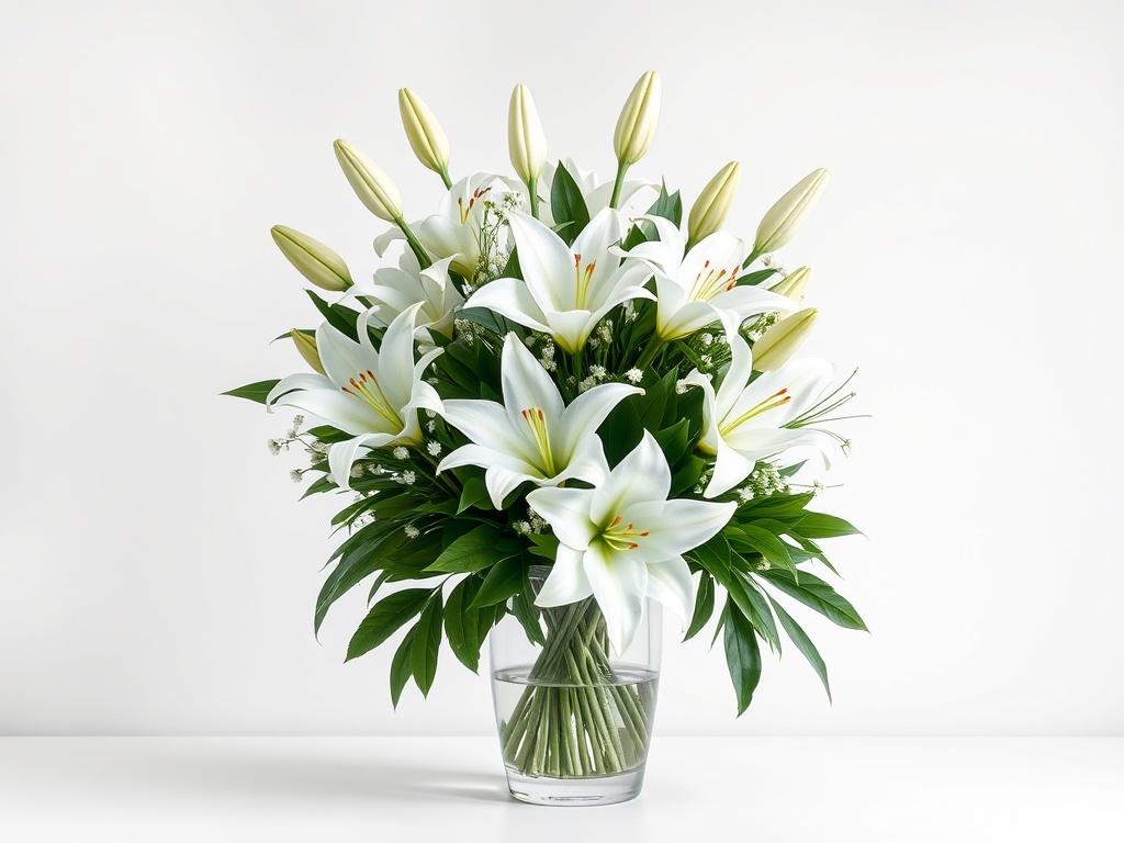 A high-resolution image of an elegant corporate bouquet featuring white lilies, lush green foliage, and subtle floral accents. The bouquet should be arranged in a sleek, modern vase, set against a clean, minimalist background that emphasizes its sophistication.