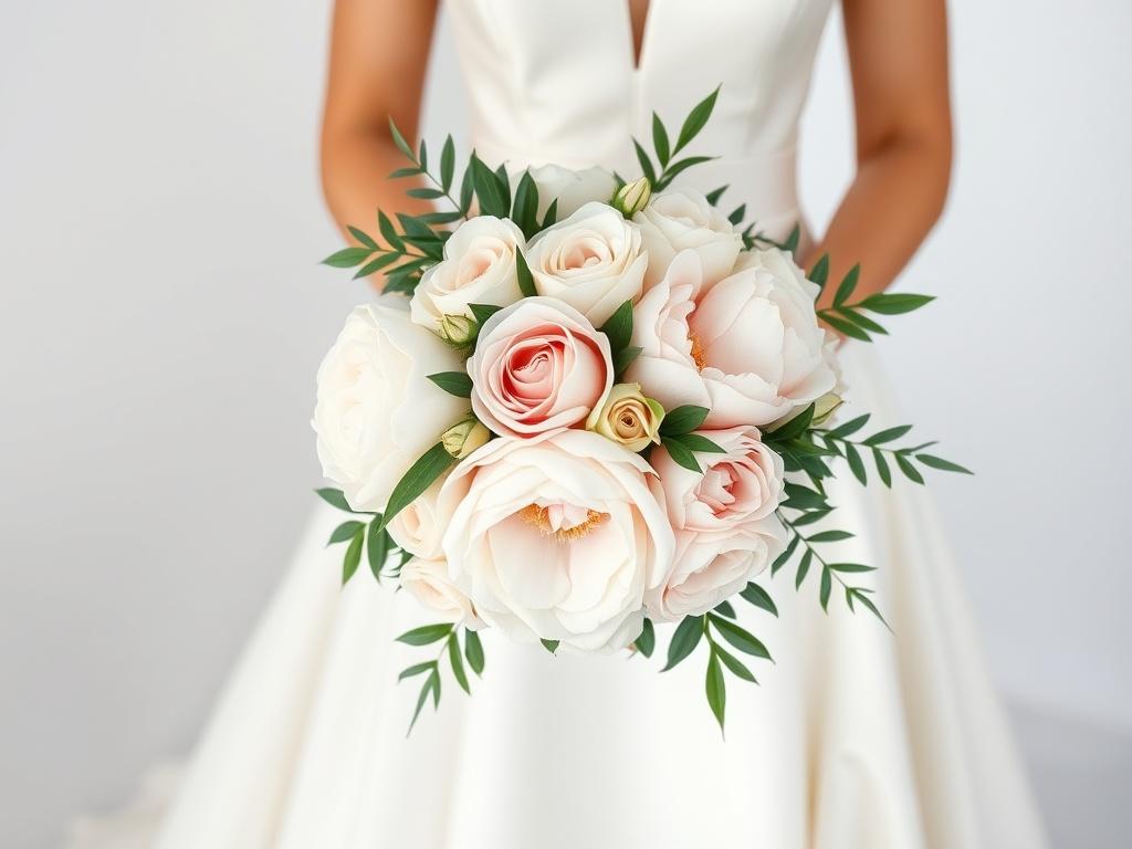 A high-resolution image of a luxury bridal bouquet featuring white roses and blush peonies, beautifully arranged with greenery. The bouquet should be held by a bride in a flowing wedding gown, with a soft-focus background that enhances the romantic feel.