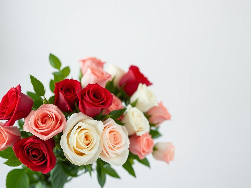 A realistic high-resolution photo of an elegant bouquet of roses, featuring a mix of vibrant red, pink, and white roses arranged in a simple, minimalistic style. The background should be soft and blurred to emphasize the bouquet, showcasing its lush petals and fresh greenery in a clean, elegant atmosphere.