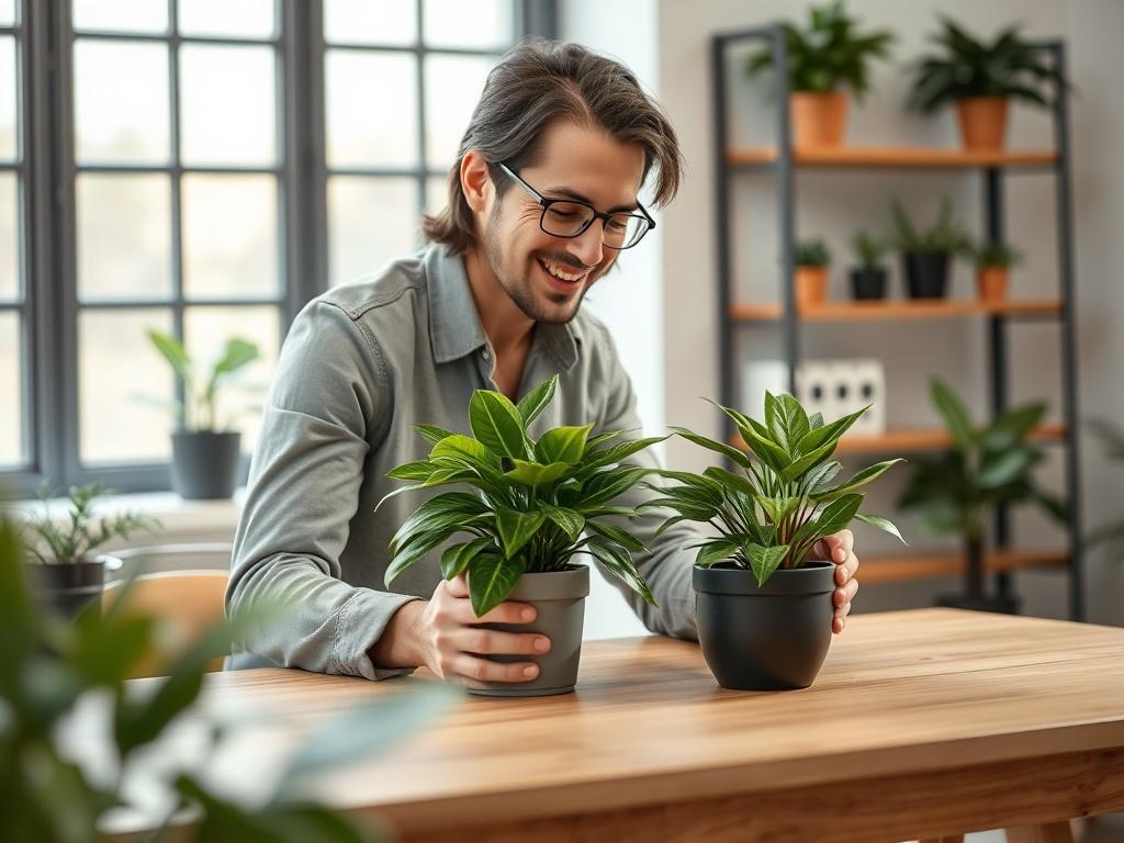 Create a realistic high-resolution image that captures the essence of “The Art of Plant Consultation.” Focus on a single expert plant consultant engaged in a hands-on consultation with a vibrant, healthy potted plant. The consultant should be portrayed as a knowledgeable and approachable figure, perhaps in their 30s or 40s, wearing a stylish, casual outfit, with a warm smile that invites interaction. 

Set the scene in a modern, well-lit workspace characterized by minimalistic design. The consultant is seat