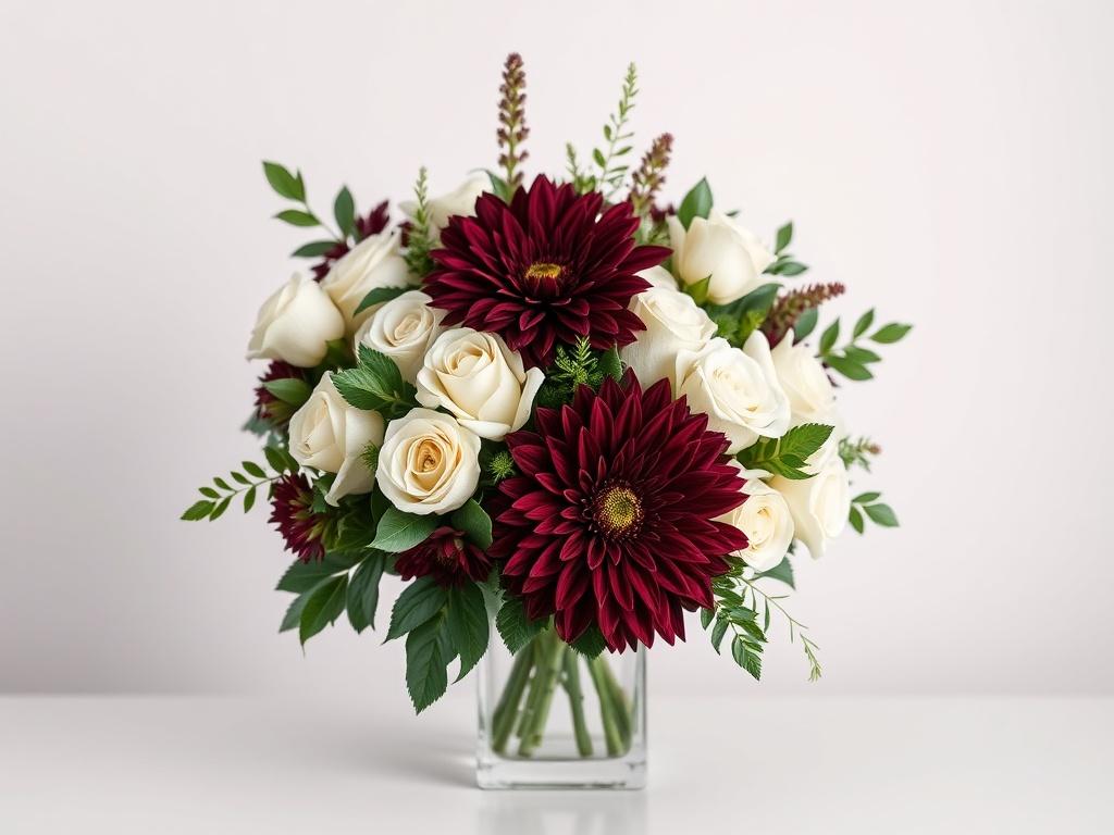 A realistic high-resolution photo of an elegant bouquet featuring white roses, deep burgundy dahlias, and lush greenery, arranged in a sleek, modern vase. The background should be softly blurred to emphasize the bouquet, showcasing its vibrant colors and textures in a minimalistic setting with clean lines.