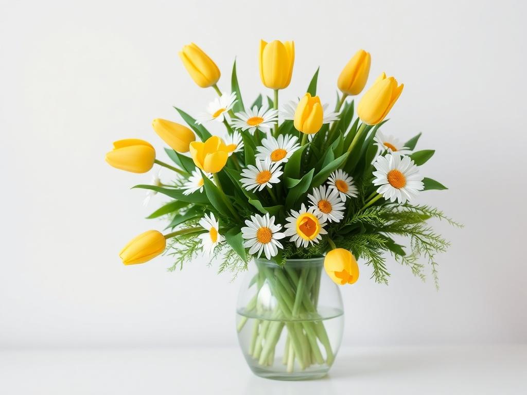 A high-resolution image of a bright bouquet featuring yellow tulips, cheerful white daisies, and vibrant green foliage, arranged in a stylish, contemporary vase. The background should be light and airy, enhancing the cheerful colors and inviting atmosphere of the bouquet.