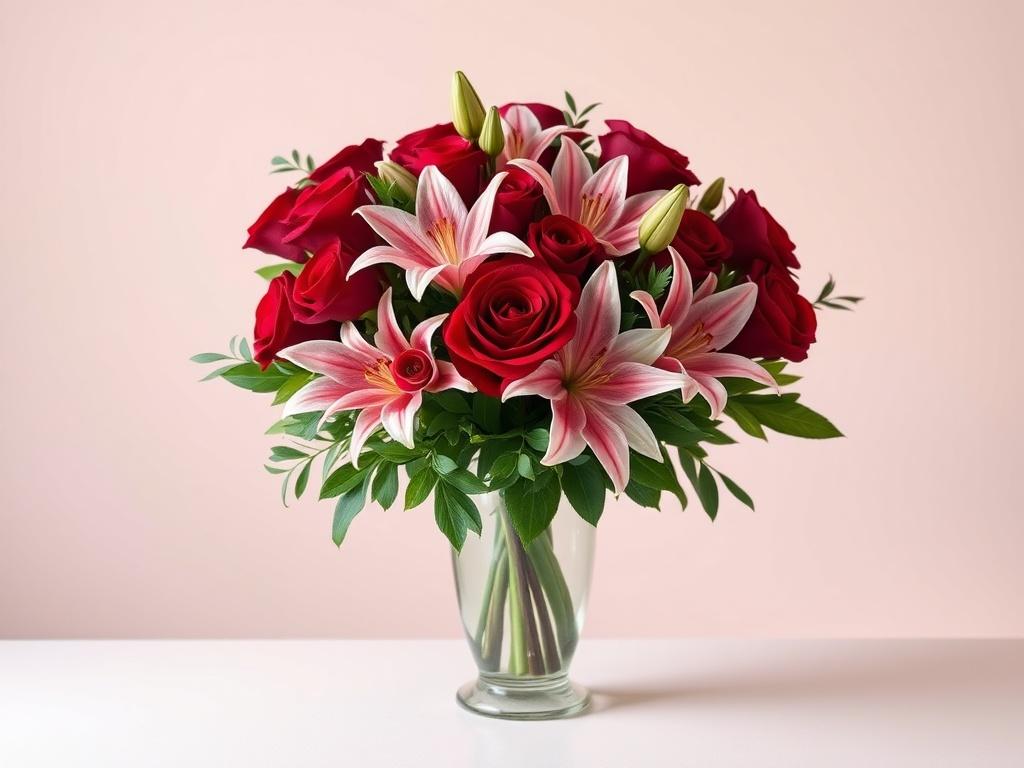 A realistic high-resolution photo of a romantic bouquet featuring deep red roses, soft pink lilies, and lush greenery, elegantly arranged in a classic vase. The background should be softly muted to draw attention to the bouquet's rich colors and textures.