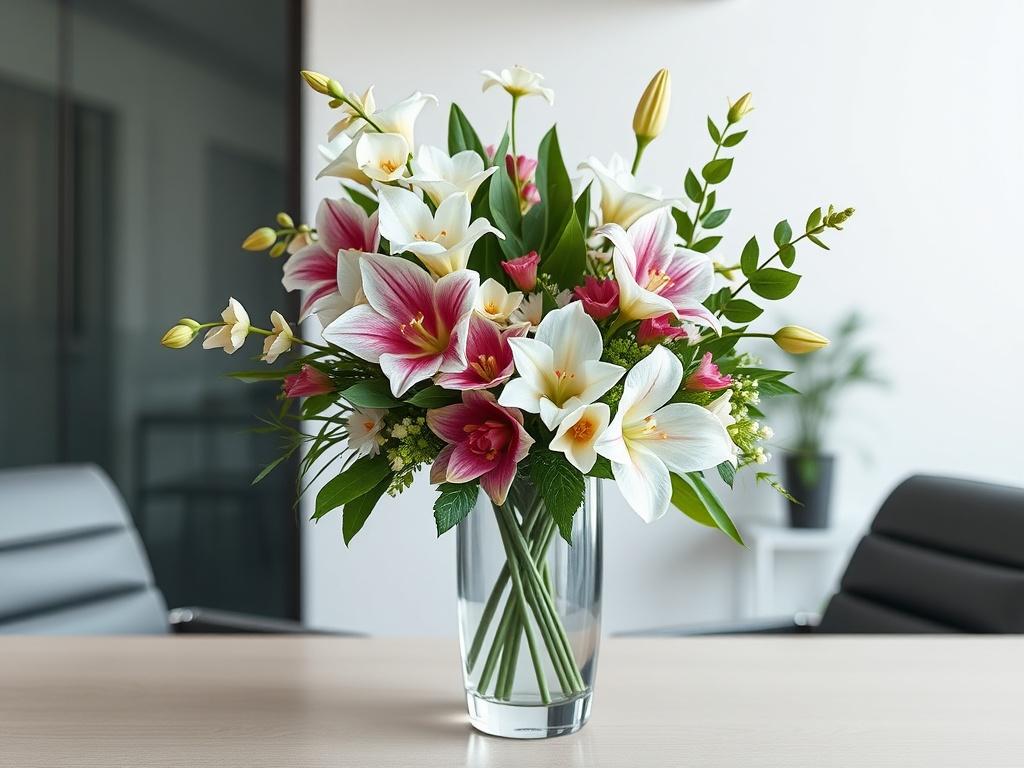 A sophisticated corporate floral arrangement featuring a mix of elegant flowers like orchids, lilies, and greenery. The arrangement is in a sleek, modern vase that complements an office setting. The background is a minimalistic office space, emphasizing the arrangement's elegance and professionalism.